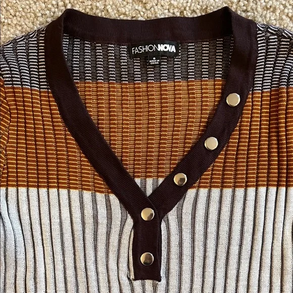 Striped V-Neck Sweater with Button Detail - Picture 2 of 7